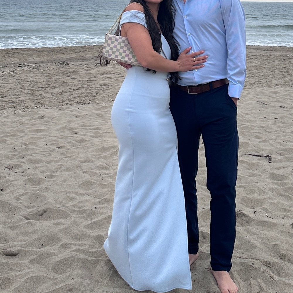 Baby blue off the shoulder gown
Can be worn for mini maternity bump